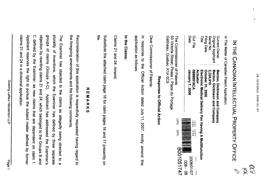 Document de brevet canadien 2324915. Poursuite-Amendment 20080107. Image 1 de 3