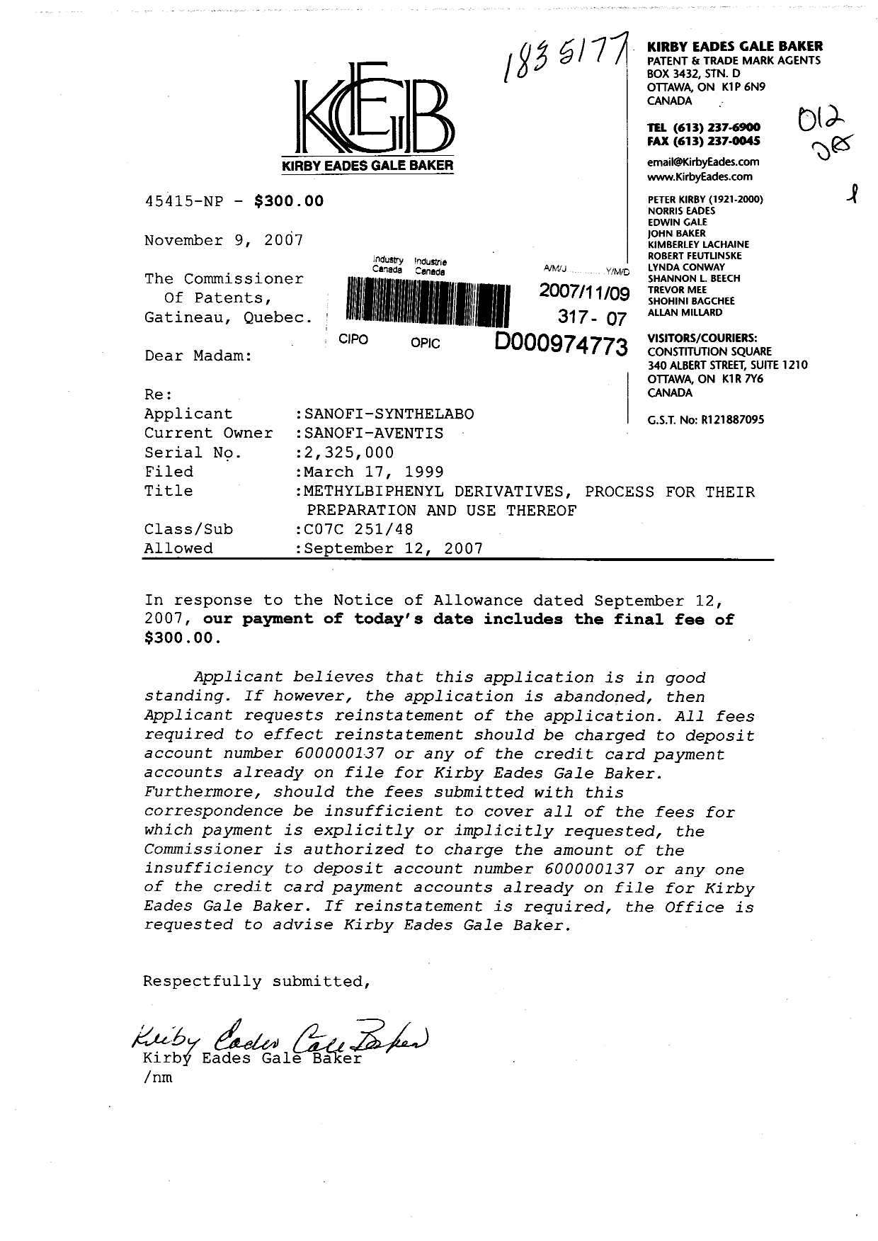 Document de brevet canadien 2325000. Correspondance 20071109. Image 1 de 1