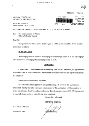 Canadian Patent Document 2325030. Prosecution-Amendment 20040127. Image 1 of 3