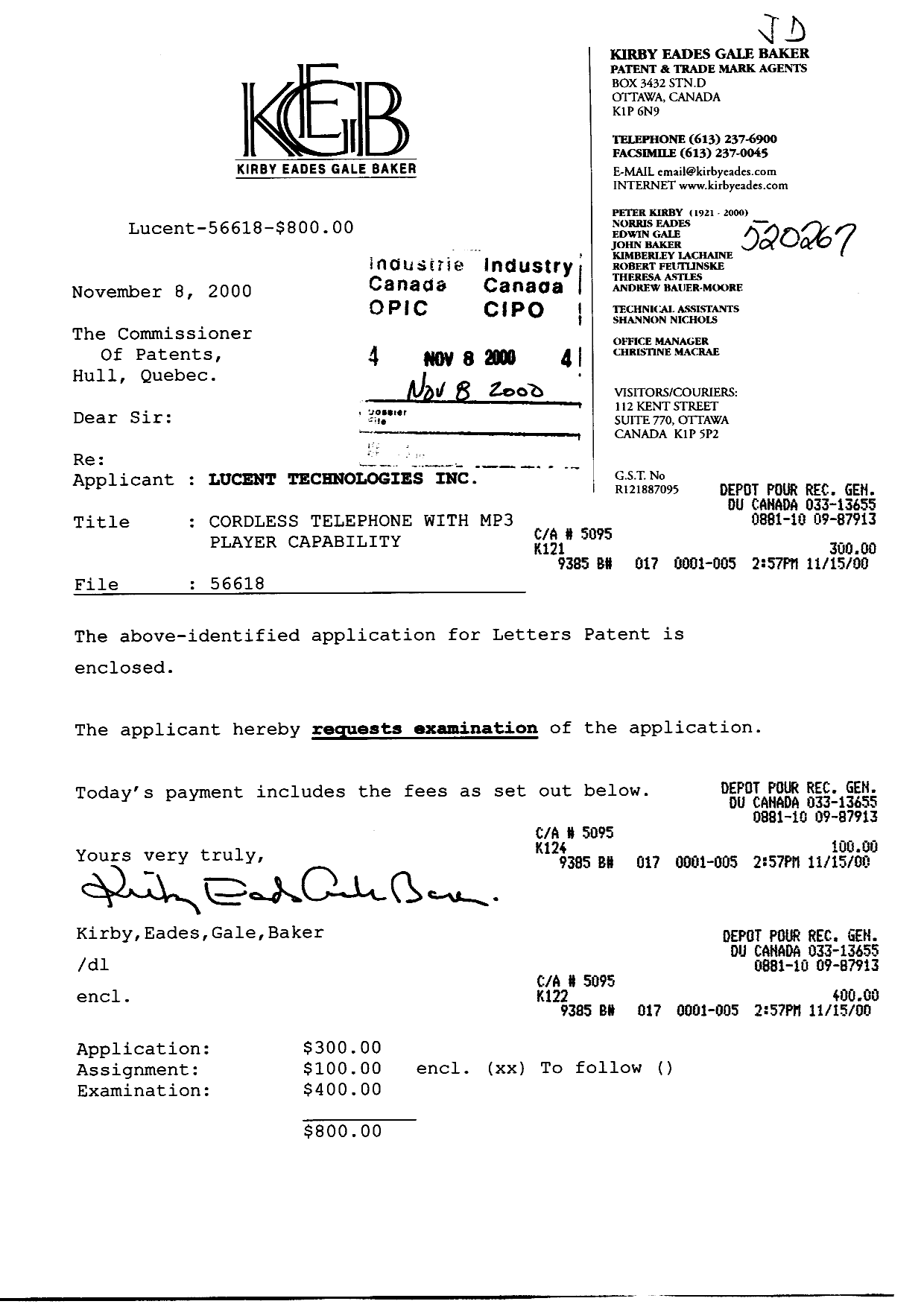 Document de brevet canadien 2325244. Cession 20001108. Image 1 de 10