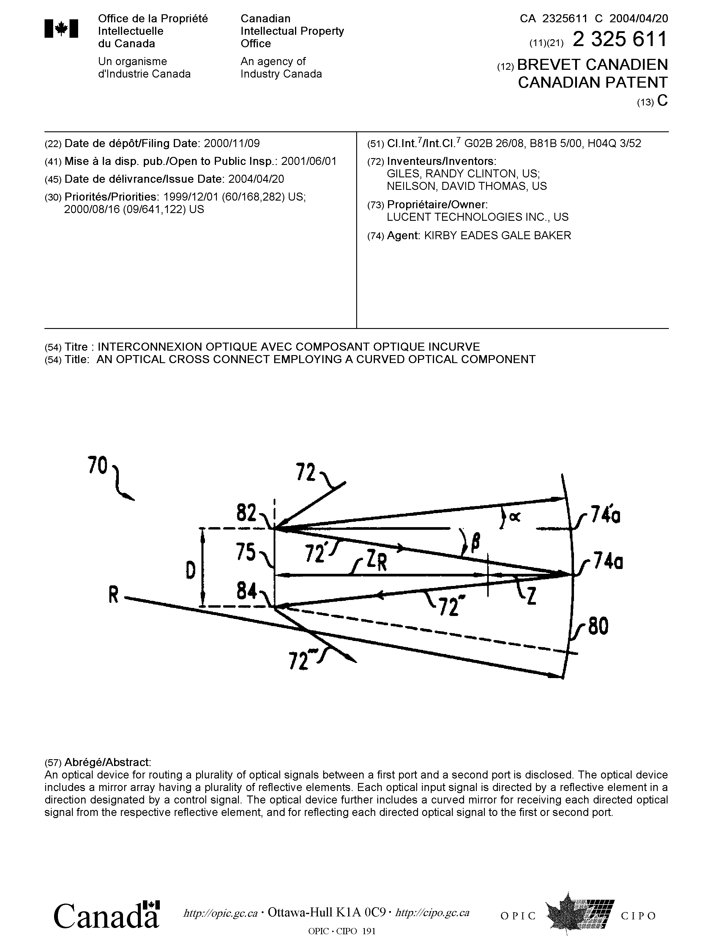 Canadian Patent Document 2325611. Cover Page 20040318. Image 1 of 1