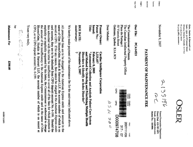 Canadian Patent Document 2325657. Fees 20071109. Image 1 of 1