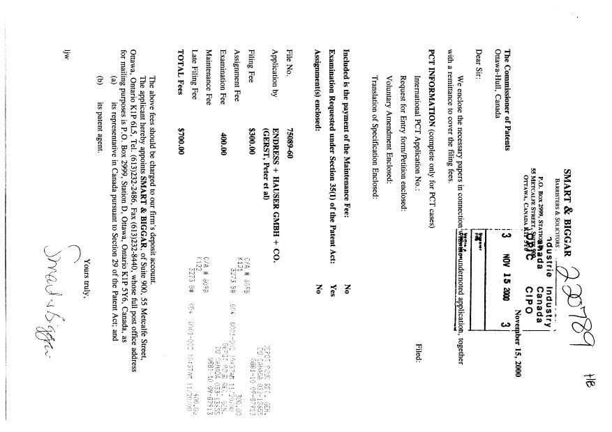 Document de brevet canadien 2325903. Cession 20001115. Image 1 de 3