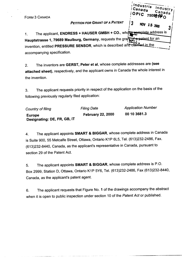 Document de brevet canadien 2325903. Cession 20001115. Image 2 de 3