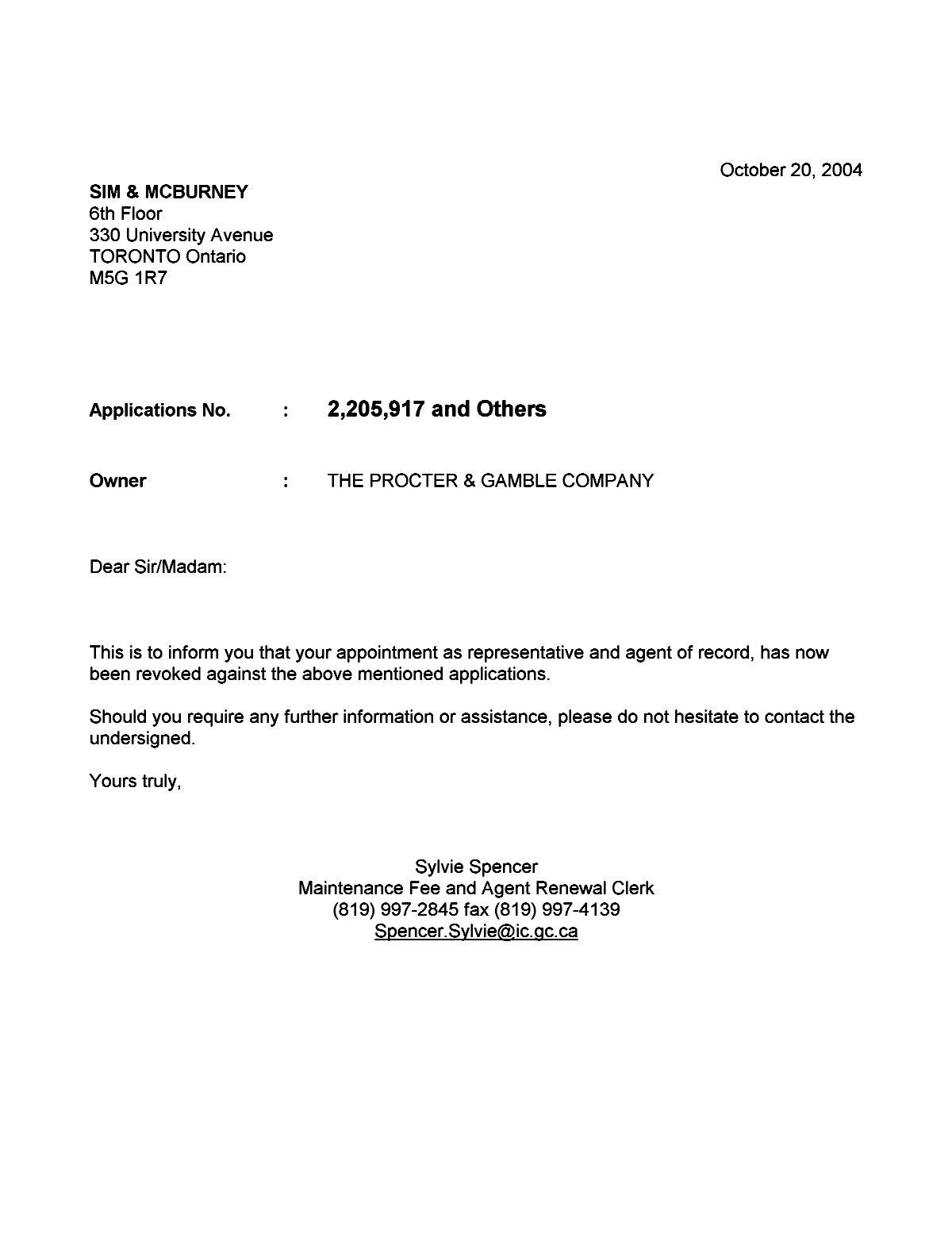 Document de brevet canadien 2325982. Correspondance 20041020. Image 1 de 1