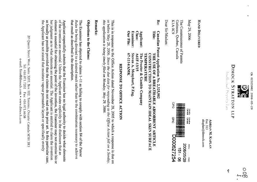 Document de brevet canadien 2325982. Poursuite-Amendment 20060529. Image 1 de 2