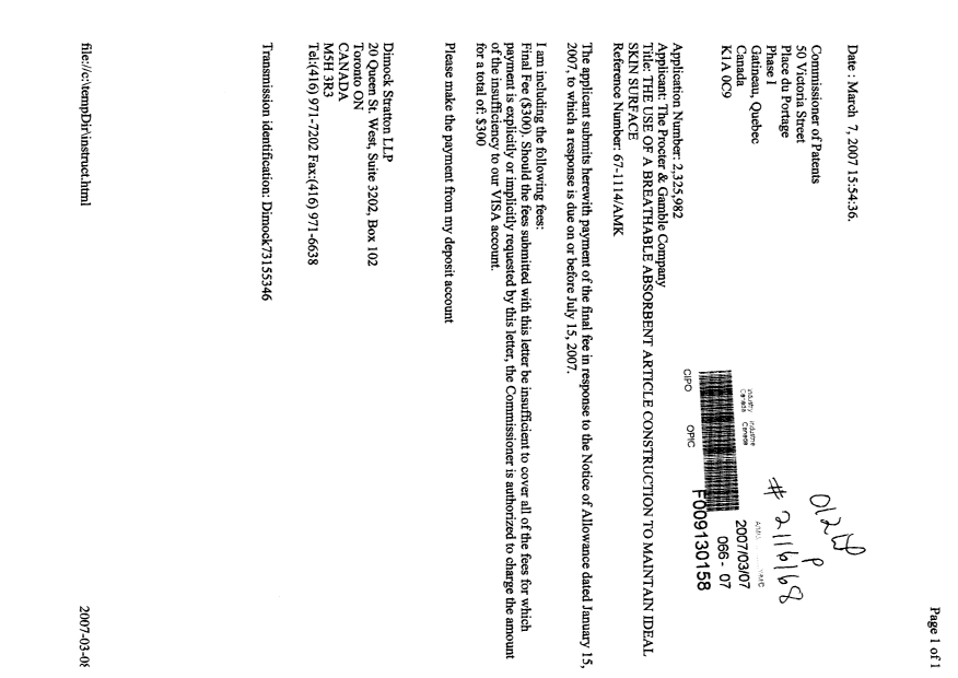 Document de brevet canadien 2325982. Correspondance 20070307. Image 1 de 1