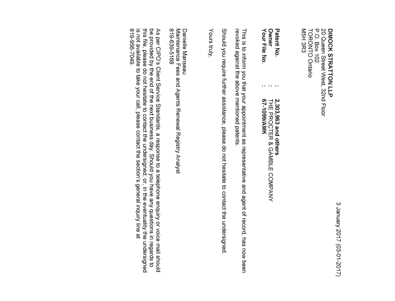 Document de brevet canadien 2325982. Lettre du bureau 20170103. Image 1 de 2