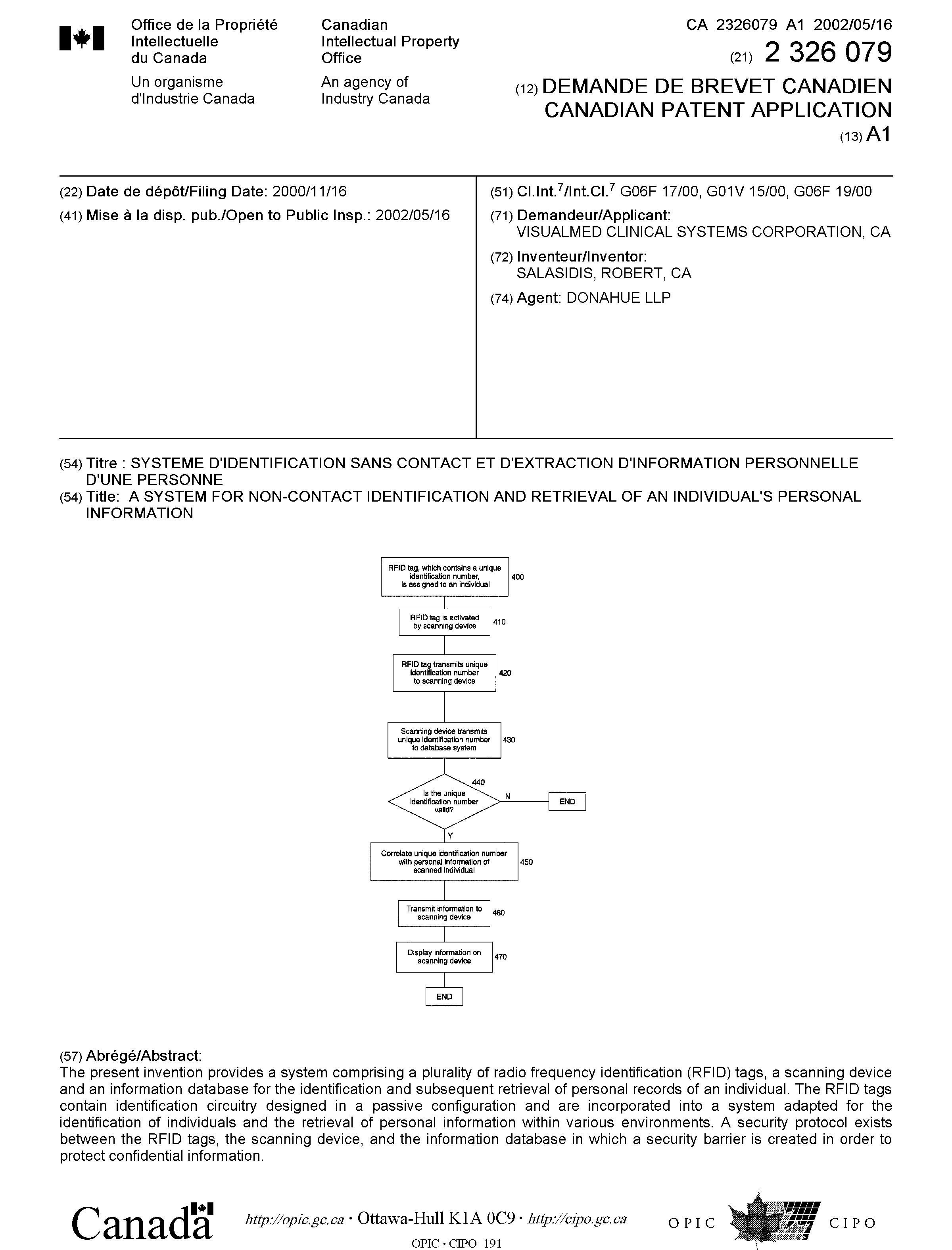 Canadian Patent Document 2326079. Cover Page 20020510. Image 1 of 1