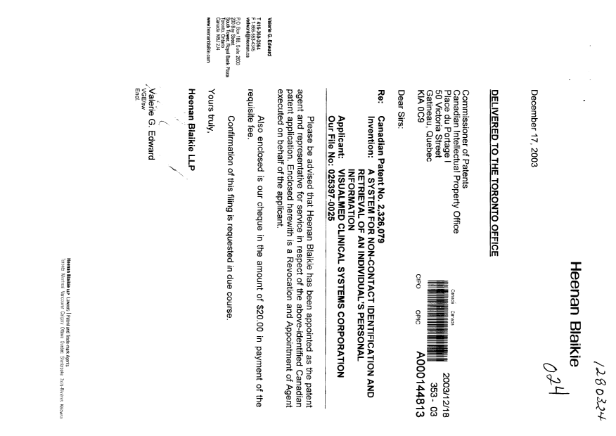 Document de brevet canadien 2326079. Correspondance 20031218. Image 1 de 3