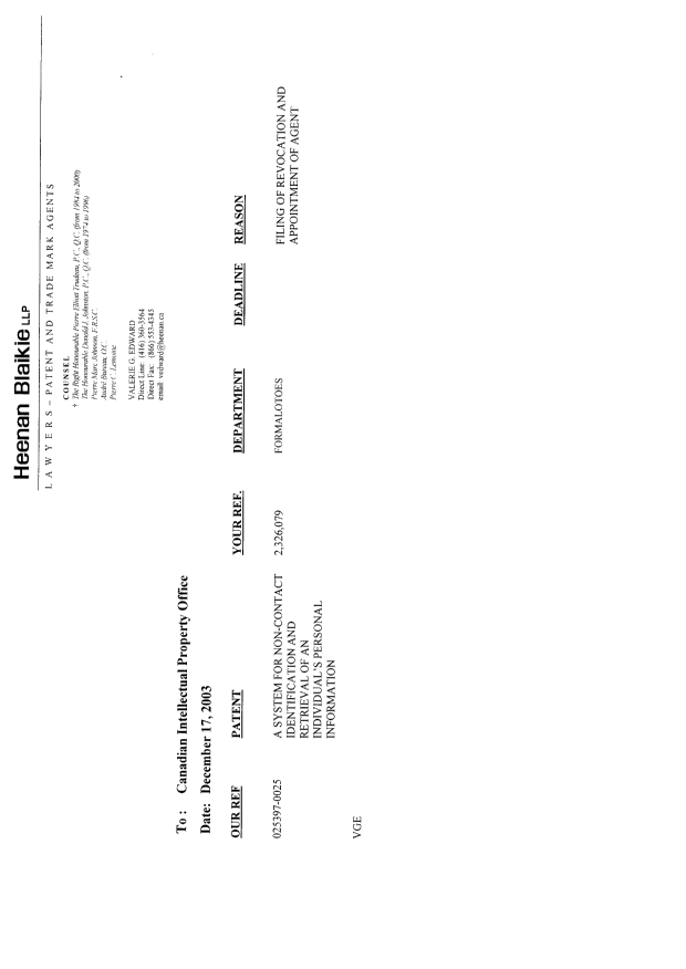 Document de brevet canadien 2326079. Correspondance 20031218. Image 3 de 3