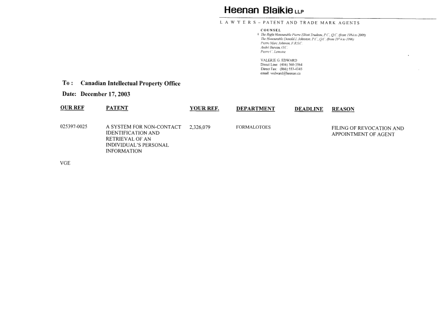 Canadian Patent Document 2326079. Correspondence 20031218. Image 3 of 3