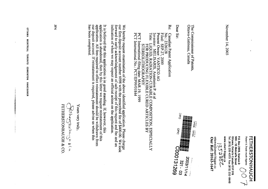Canadian Patent Document 2326128. Prosecution-Amendment 20031114. Image 1 of 1