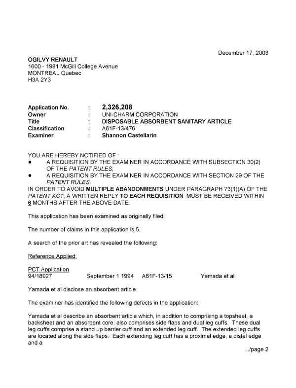 Document de brevet canadien 2326208. Poursuite-Amendment 20031217. Image 1 de 3