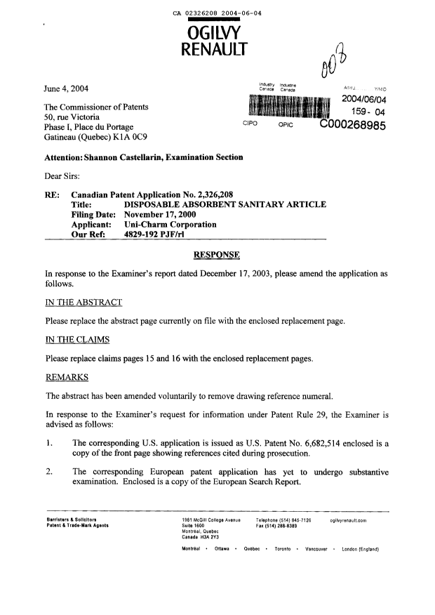 Document de brevet canadien 2326208. Poursuite-Amendment 20040604. Image 1 de 6