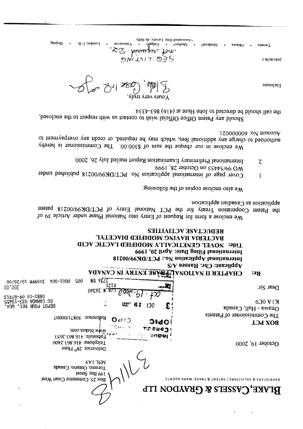 Document de brevet canadien 2326405. Cession 19991219. Image 1 de 2