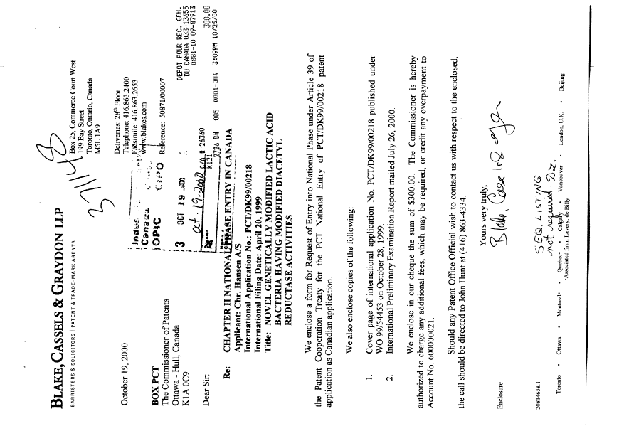 Canadian Patent Document 2326405. Assignment 19991219. Image 1 of 2