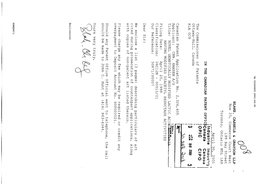 Canadian Patent Document 2326405. Prosecution-Amendment 20001230. Image 1 of 4