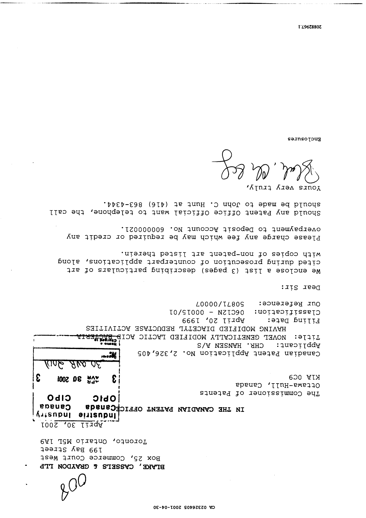 Canadian Patent Document 2326405. Prosecution-Amendment 20001230. Image 1 of 4