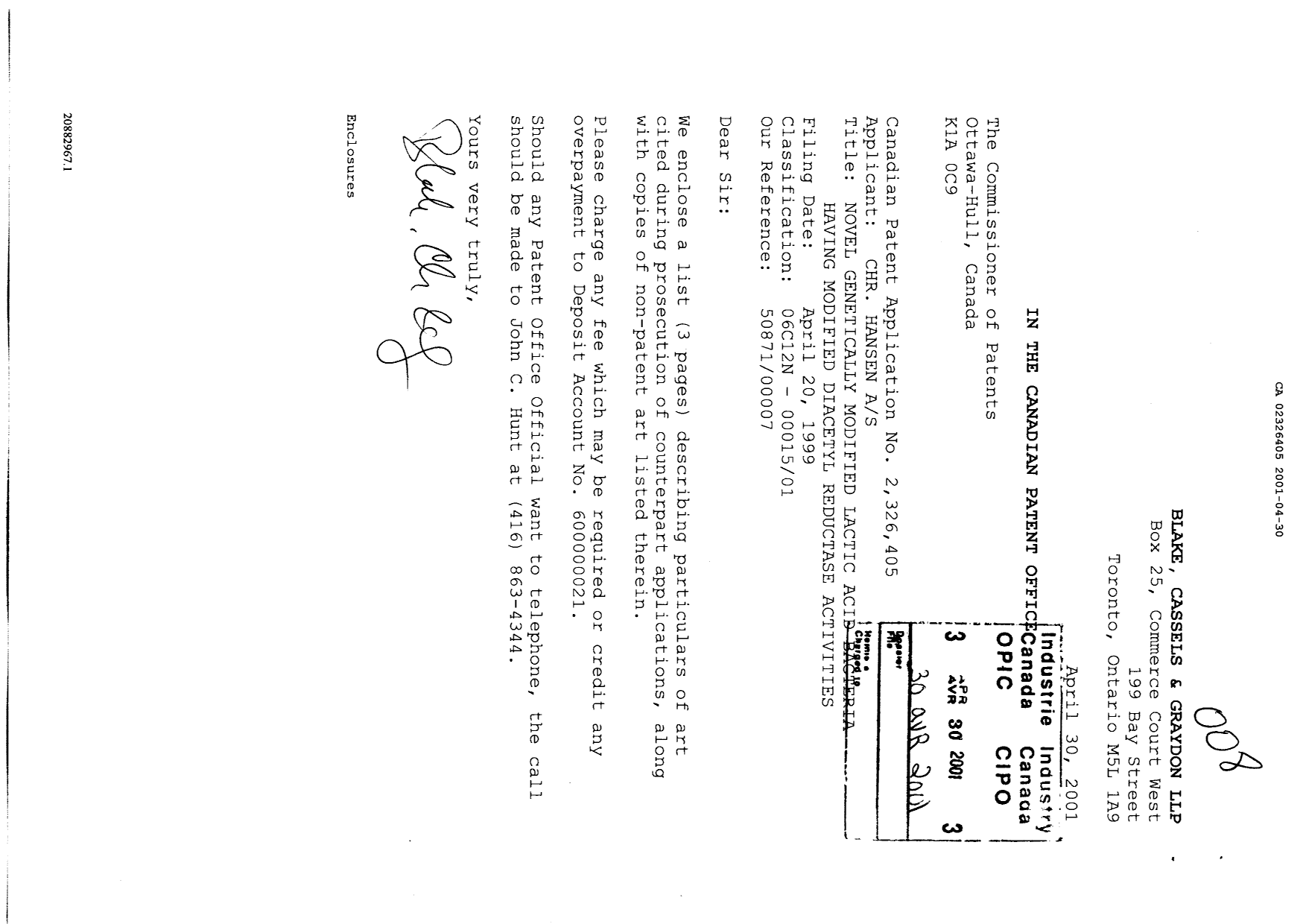 Document de brevet canadien 2326405. Poursuite-Amendment 20001230. Image 1 de 4