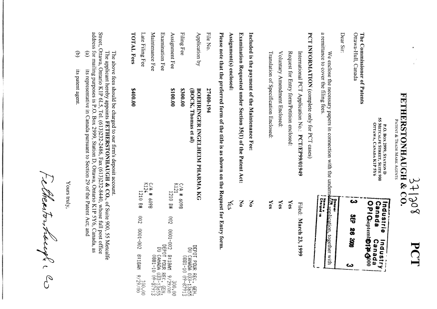 Document de brevet canadien 2326517. Cession 20000926. Image 1 de 4