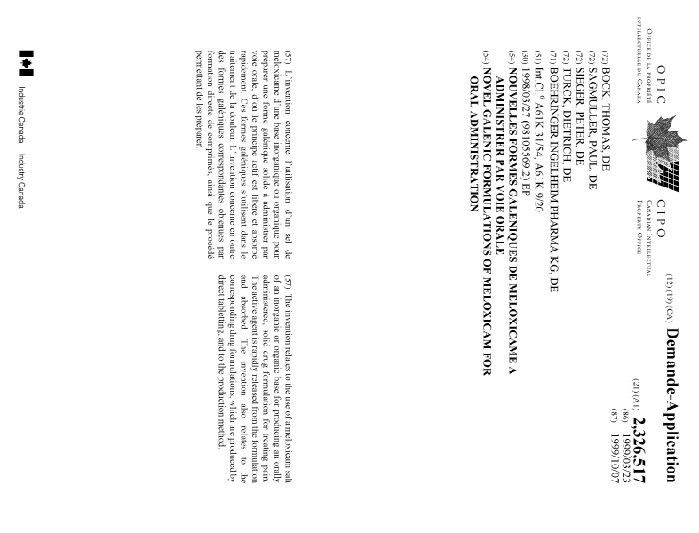 Document de brevet canadien 2326517. Page couverture 20010116. Image 1 de 1