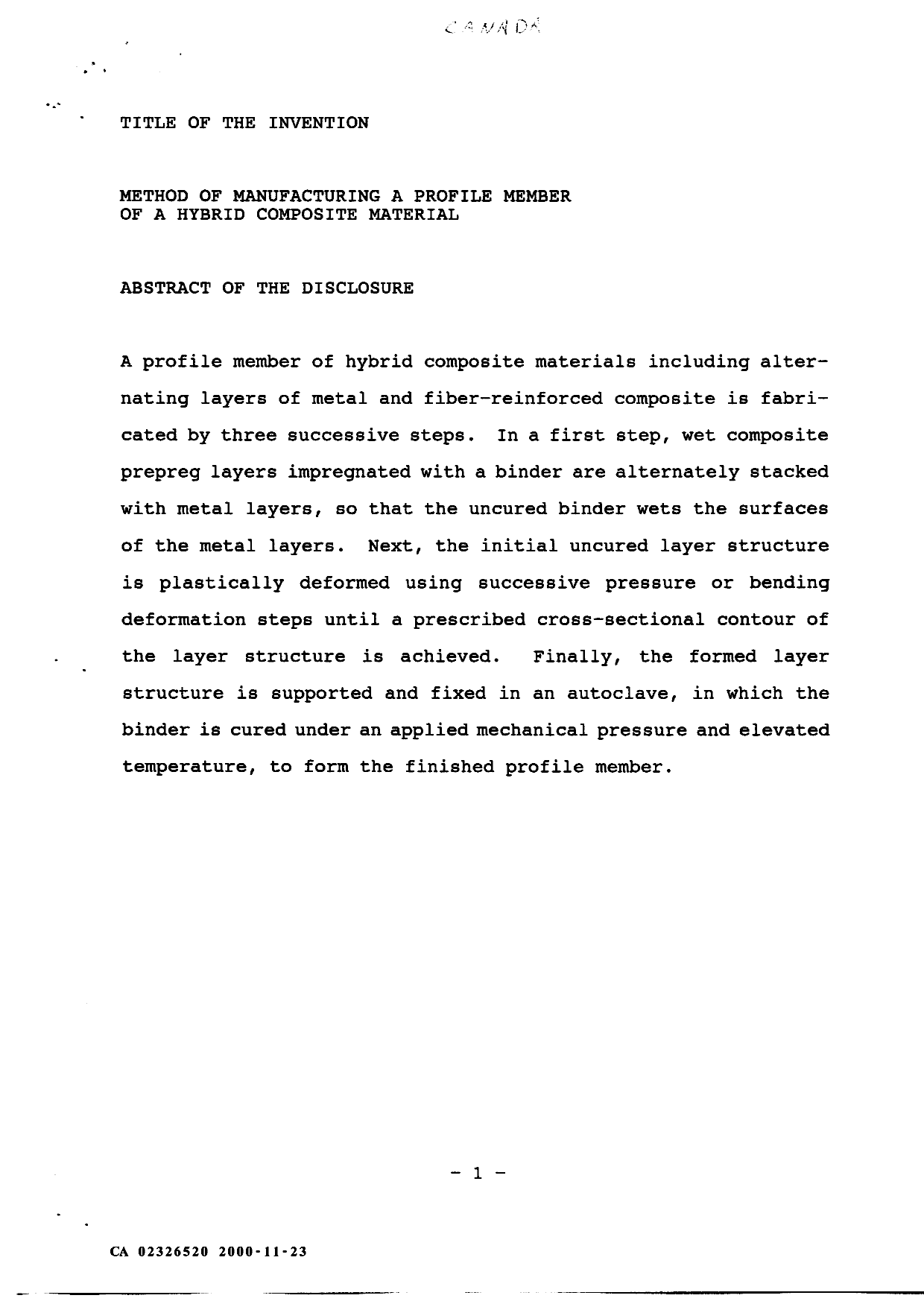 Document de brevet canadien 2326520. Abrégé 20001123. Image 1 de 1