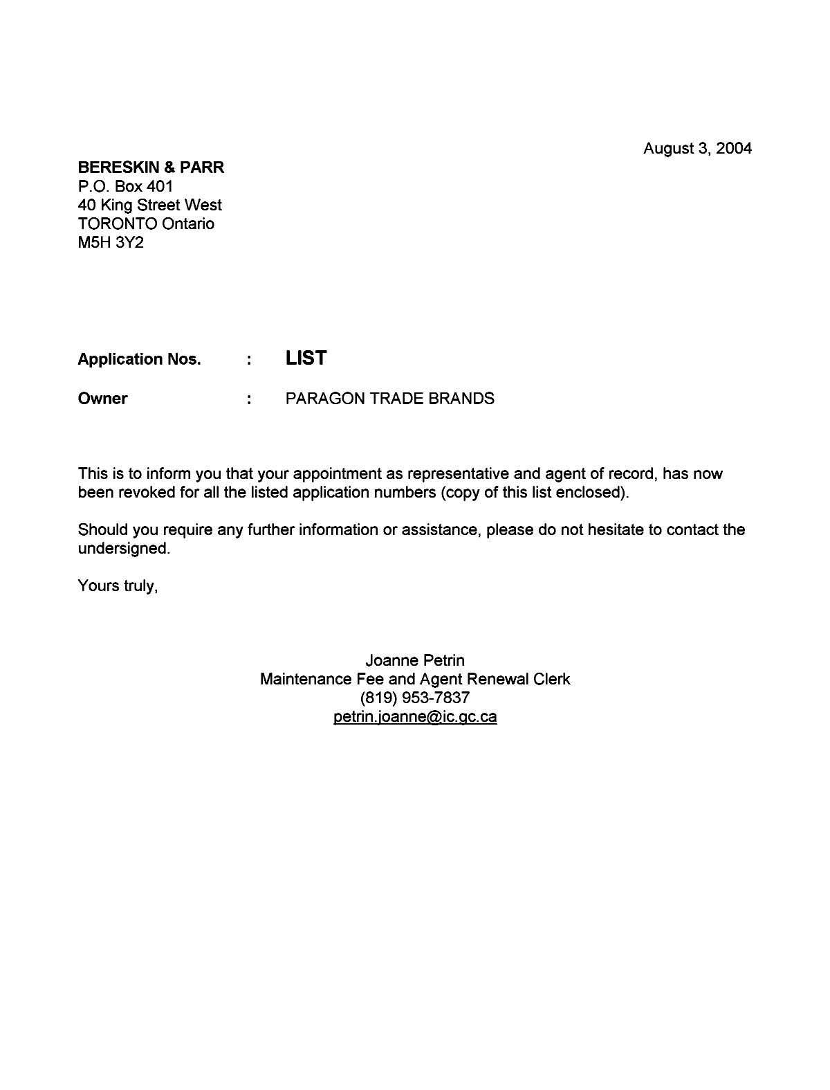 Document de brevet canadien 2326564. Correspondance 20040803. Image 1 de 1