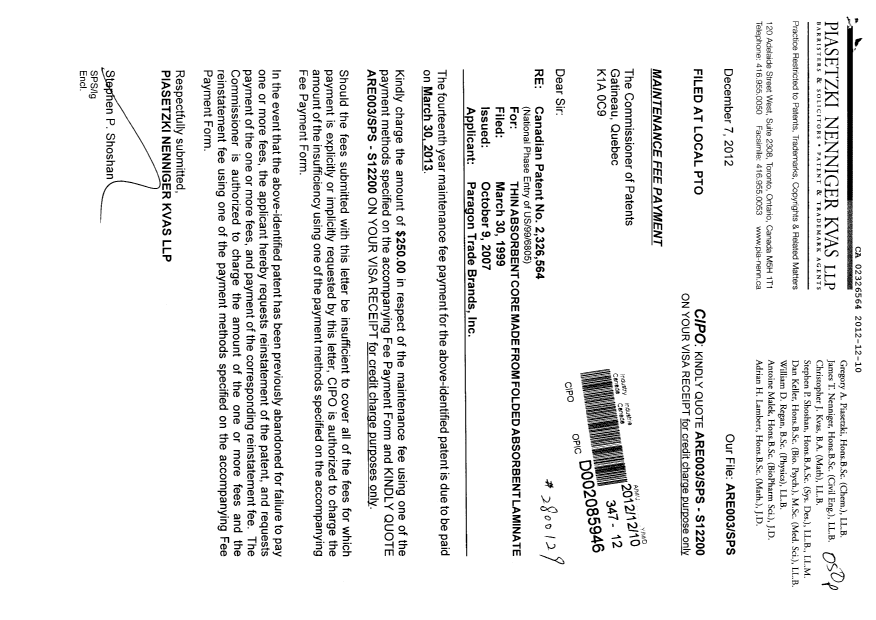 Document de brevet canadien 2326564. Taxes 20121210. Image 1 de 1