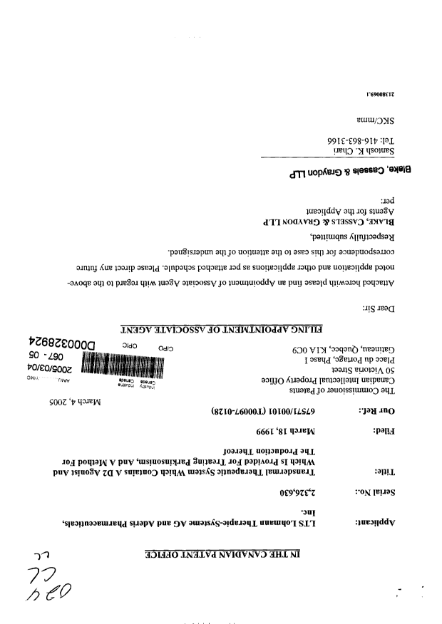 Canadian Patent Document 2326630. Correspondence 20050304. Image 1 of 2
