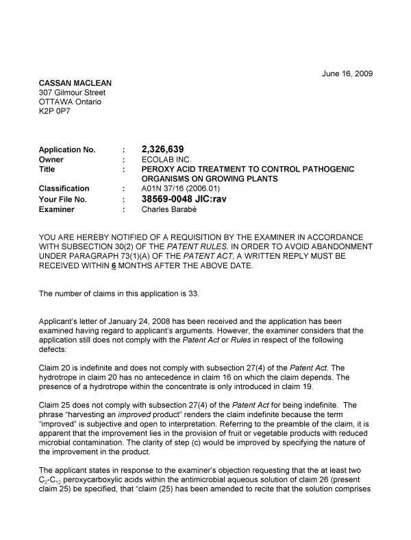 Document de brevet canadien 2326639. Poursuite-Amendment 20090616. Image 1 de 2