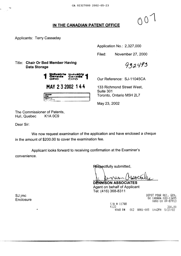 Canadian Patent Document 2327000. Prosecution-Amendment 20020523. Image 1 of 1