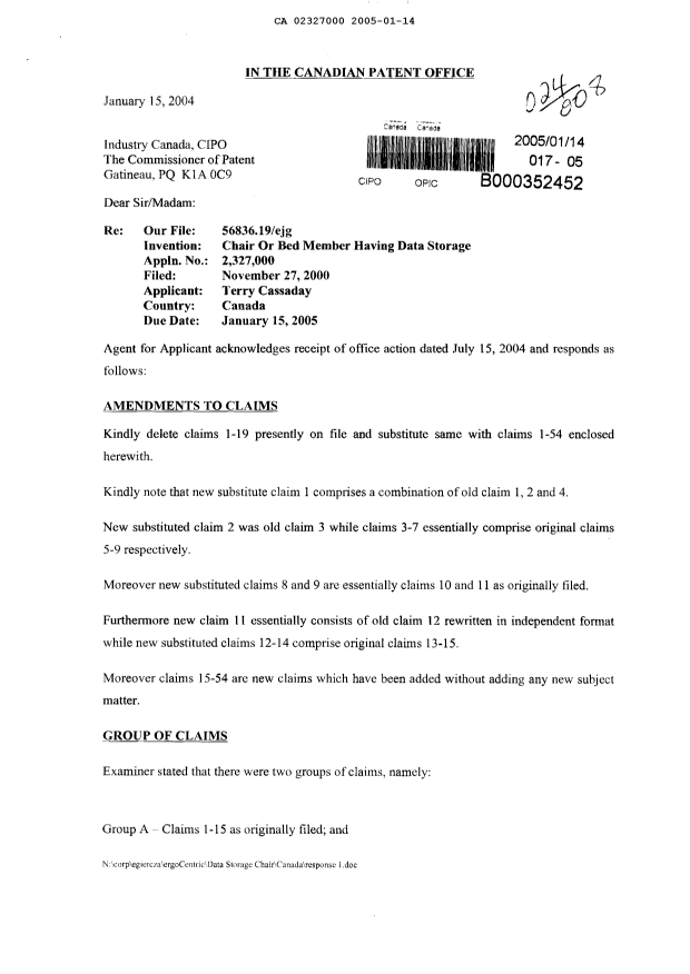 Document de brevet canadien 2327000. Poursuite-Amendment 20050114. Image 1 de 19