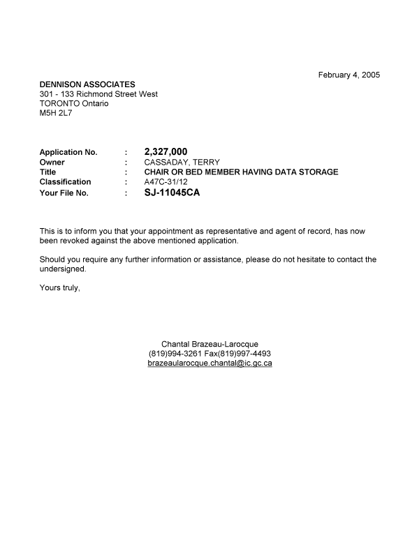 Document de brevet canadien 2327000. Correspondance 20050204. Image 1 de 1