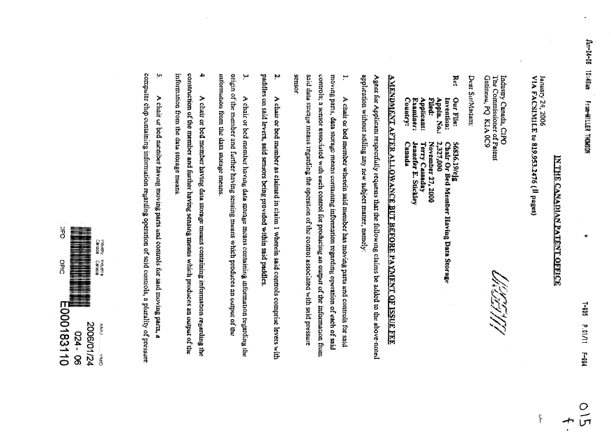 Canadian Patent Document 2327000. Prosecution-Amendment 20060124. Image 1 of 11