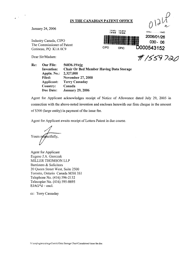 Document de brevet canadien 2327000. Correspondance 20060126. Image 1 de 1