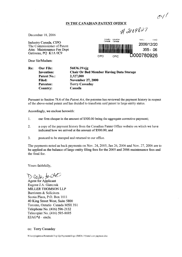 Document de brevet canadien 2327000. Poursuite-Amendment 20061220. Image 1 de 3