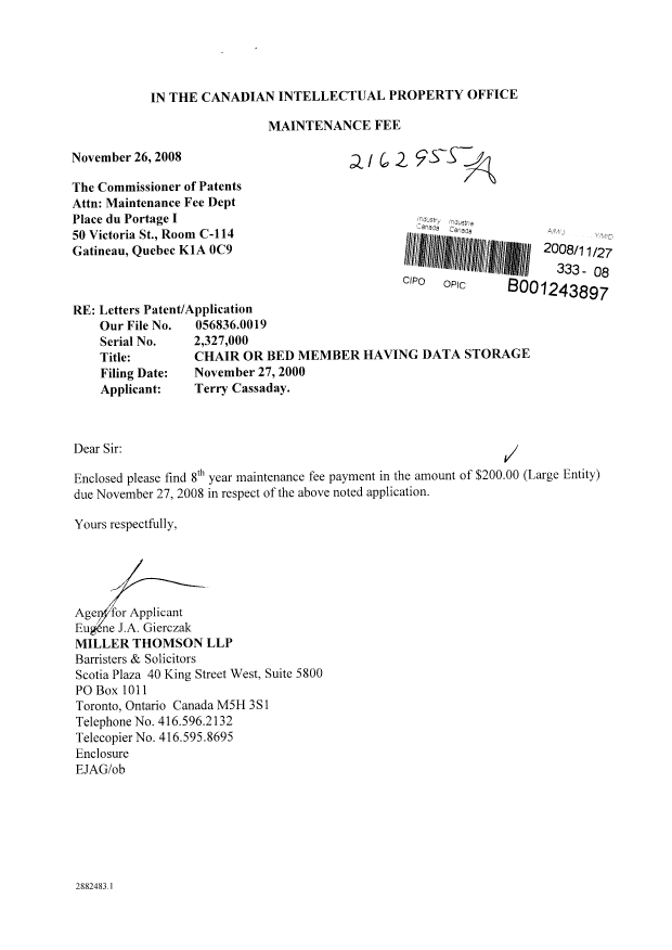 Document de brevet canadien 2327000. Taxes 20081127. Image 1 de 1
