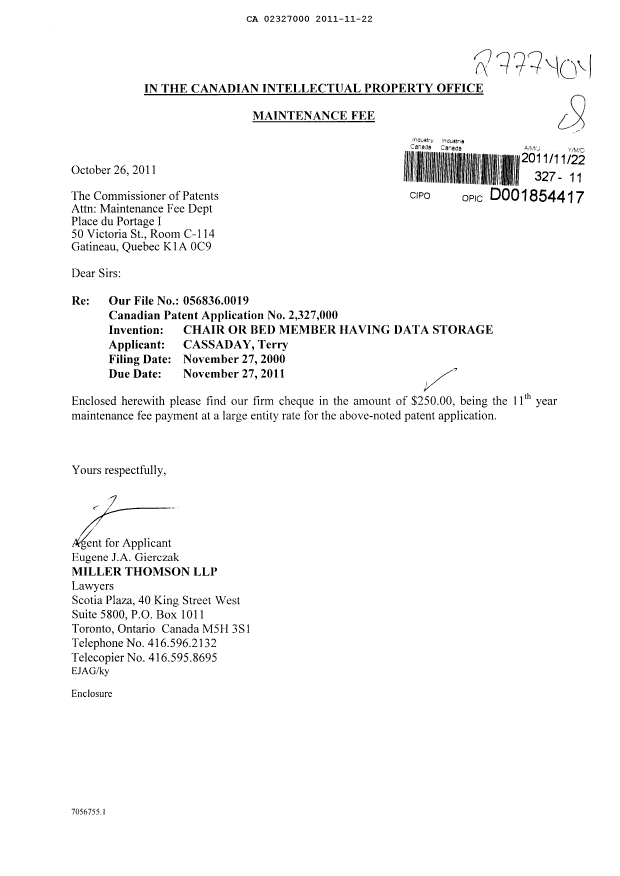 Document de brevet canadien 2327000. Taxes 20111122. Image 1 de 1
