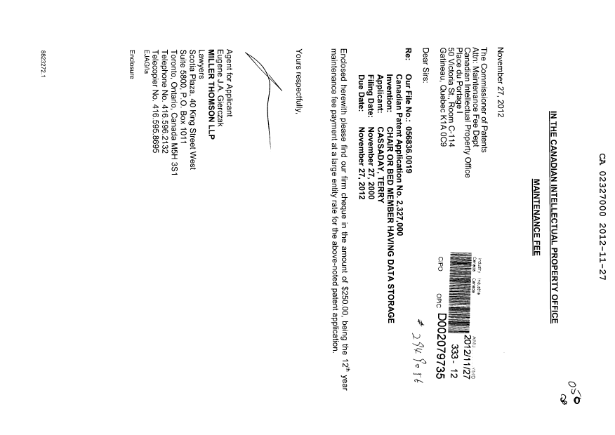 Canadian Patent Document 2327000. Fees 20121127. Image 1 of 1