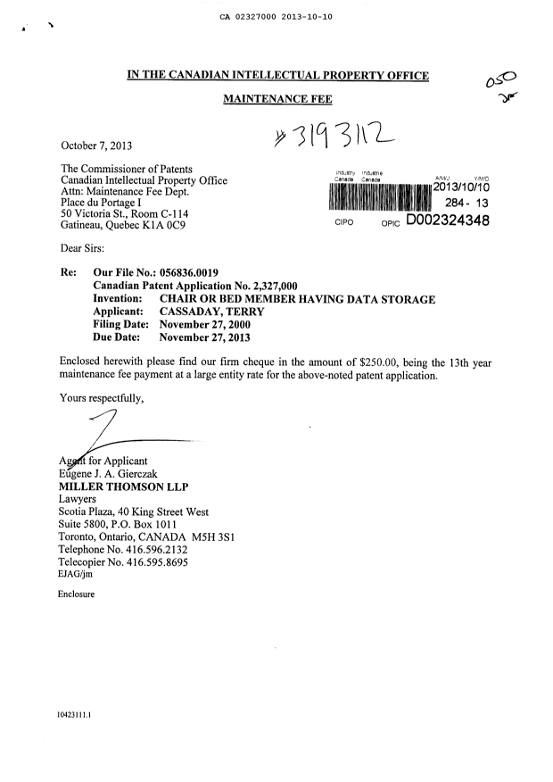 Document de brevet canadien 2327000. Taxes 20131010. Image 1 de 1