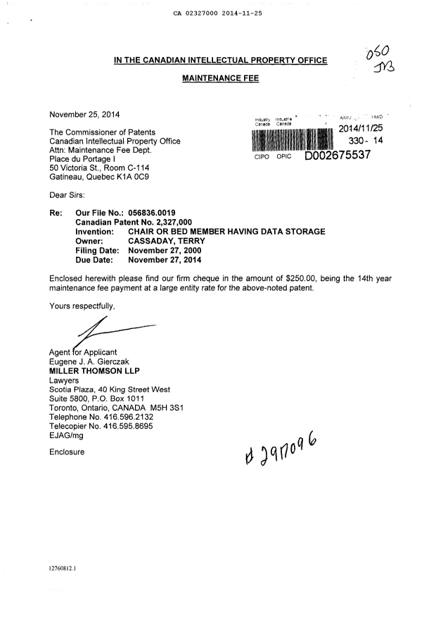 Canadian Patent Document 2327000. Fees 20141125. Image 1 of 1