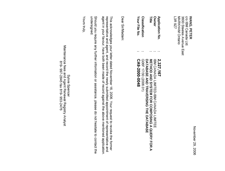 Document de brevet canadien 2327167. Correspondance 20061129. Image 1 de 1