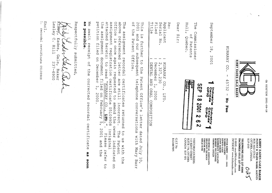 Document de brevet canadien 2327230. Cession 20010918. Image 1 de 2