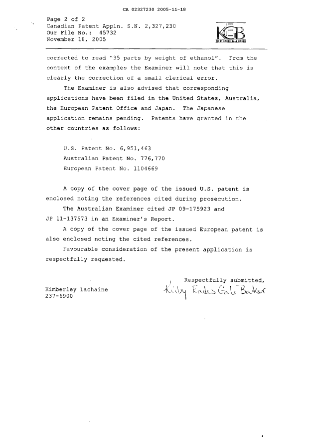 Document de brevet canadien 2327230. Poursuite-Amendment 20051118. Image 2 de 4