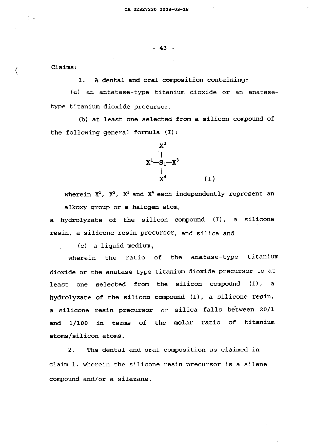Document de brevet canadien 2327230. Revendications 20090401. Image 1 de 2