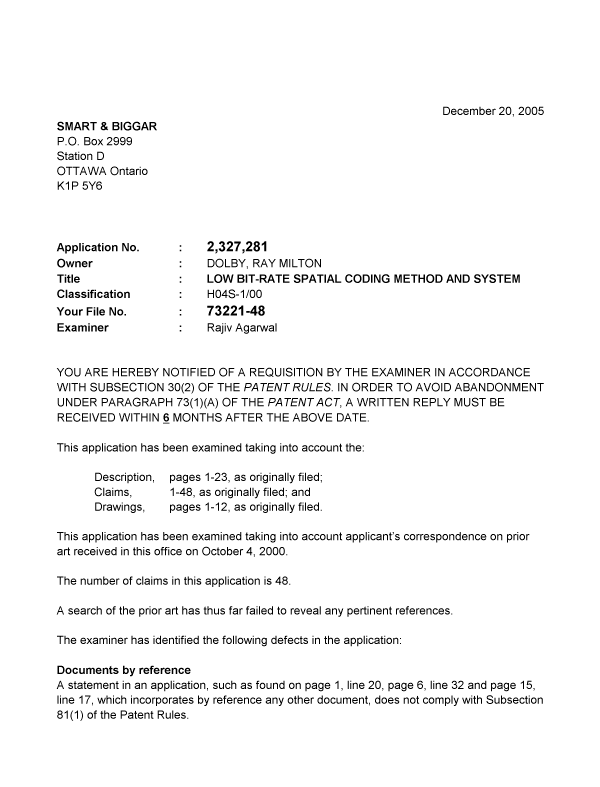 Canadian Patent Document 2327281. Prosecution-Amendment 20051220. Image 1 of 2