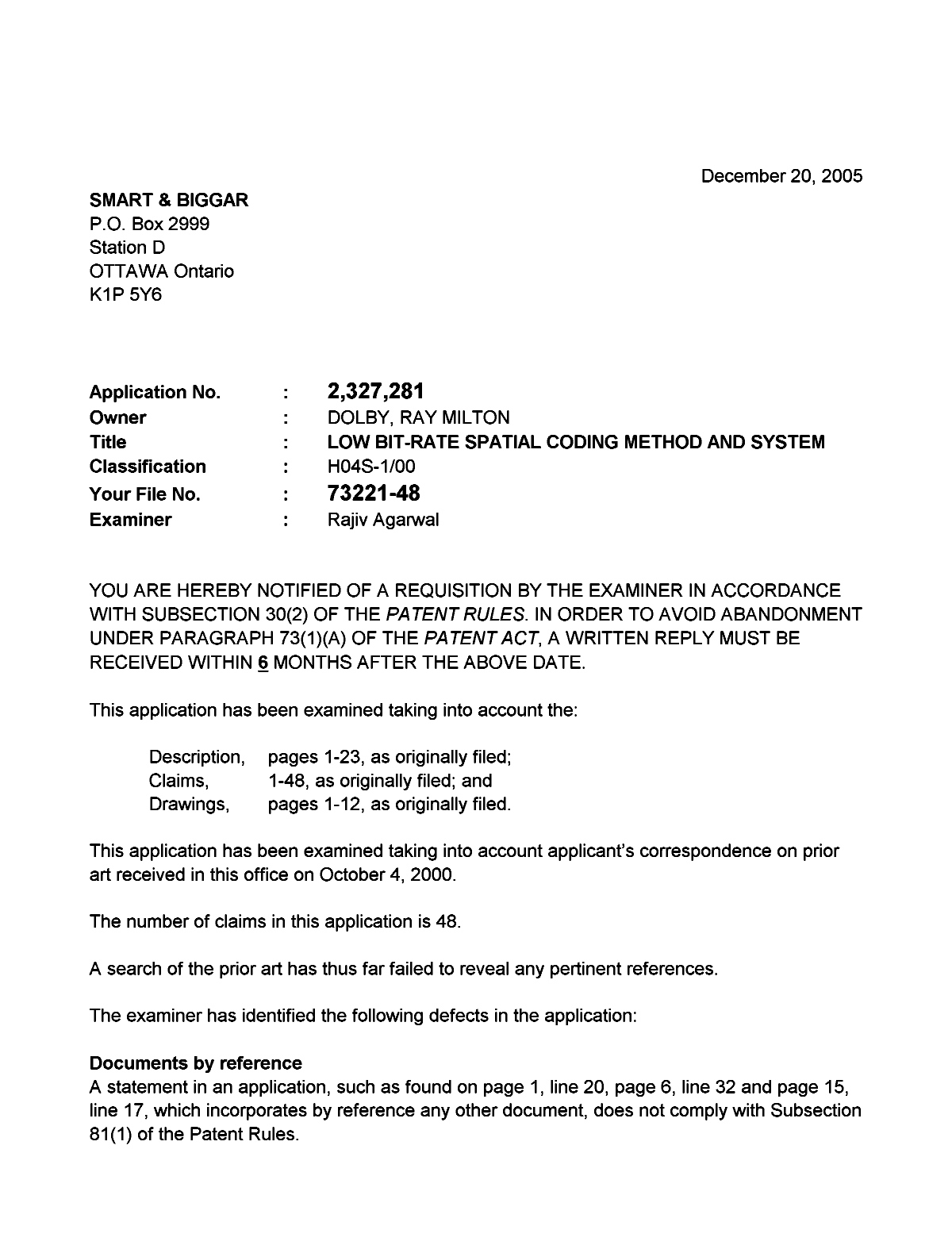 Document de brevet canadien 2327281. Poursuite-Amendment 20051220. Image 1 de 2