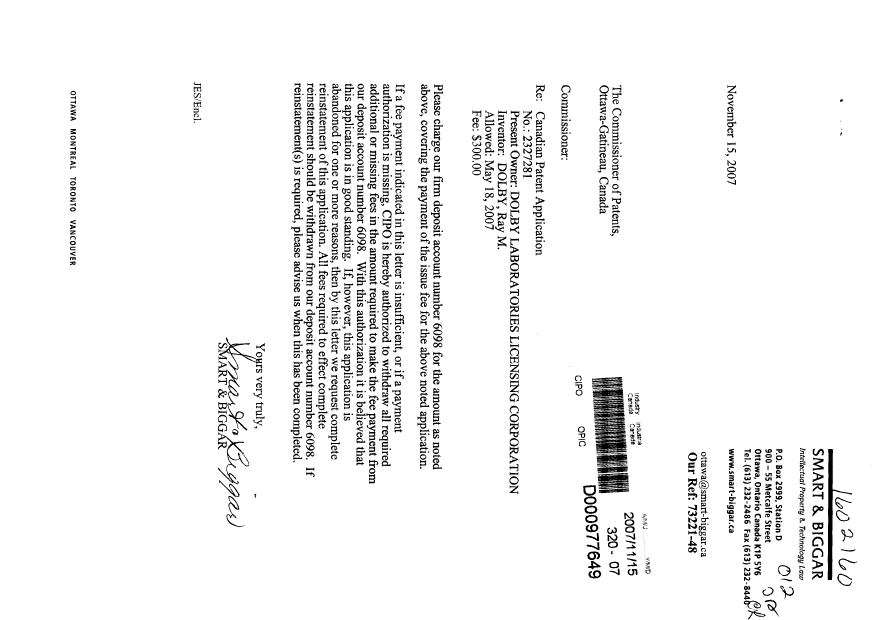 Document de brevet canadien 2327281. Correspondance 20071115. Image 1 de 1