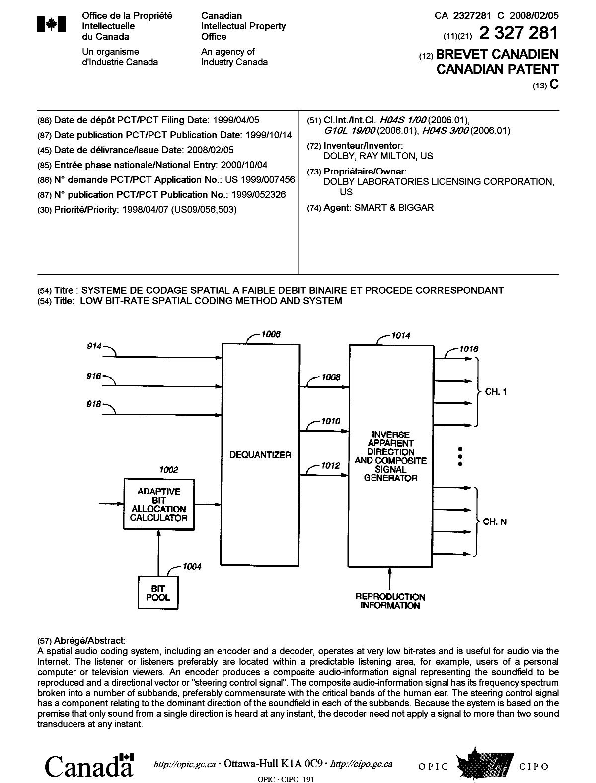 Document de brevet canadien 2327281. Page couverture 20080116. Image 1 de 1